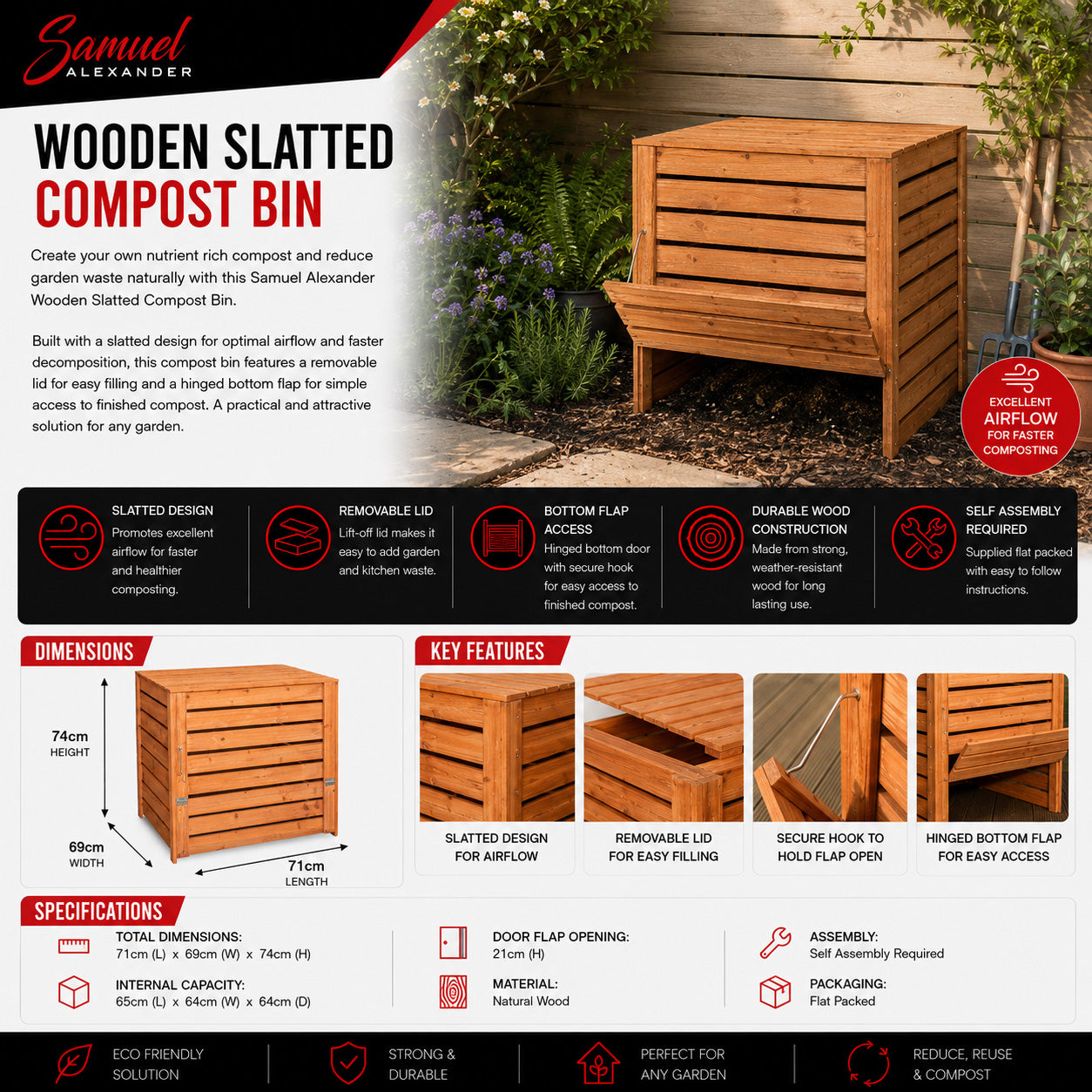 74 x 71cm Large Wooden Garden Waste Compost Bin with Removable Lid & Bottom Door
