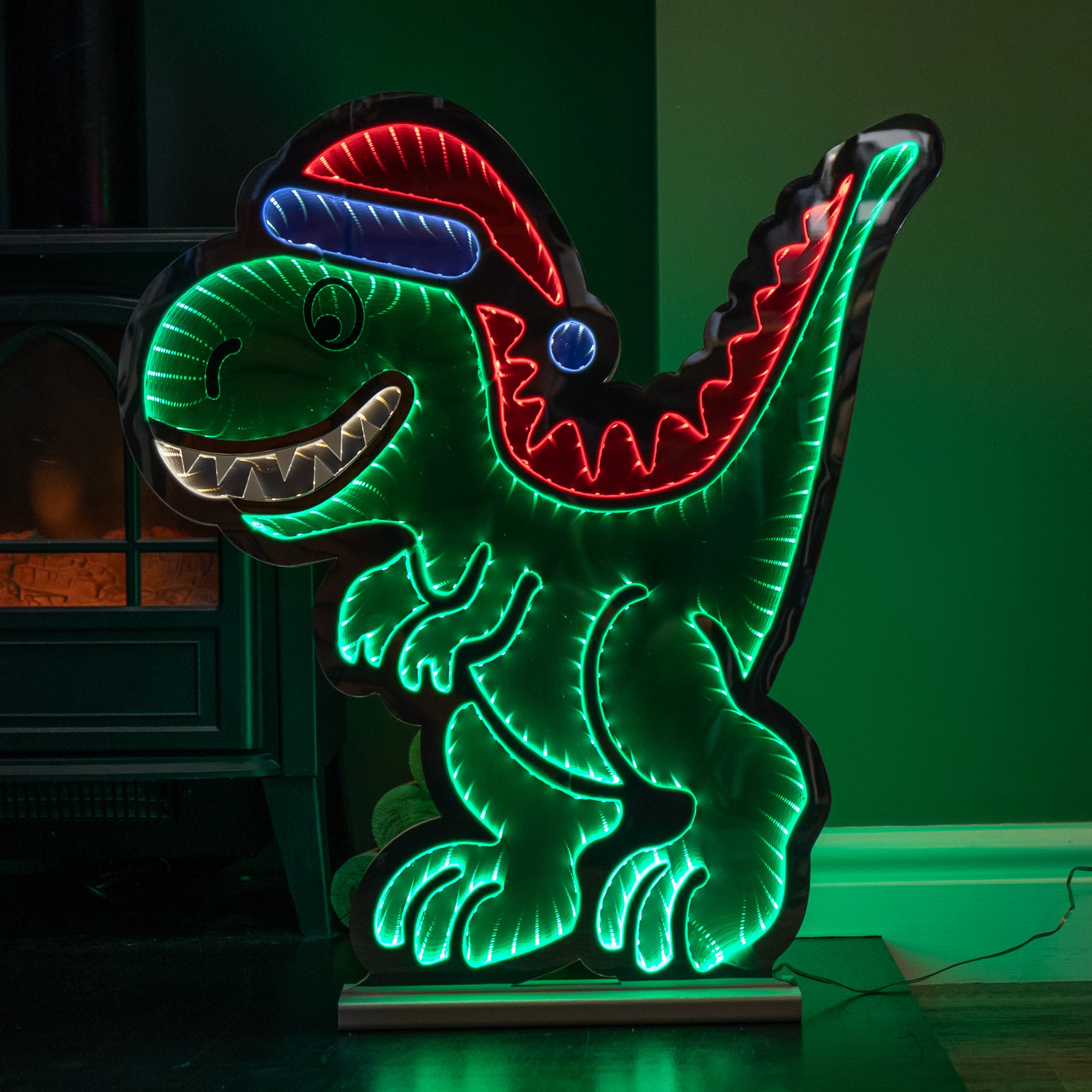 60cm Light up Christmas T-Rex with Santa Hat Infinity Decoration with LEDs
