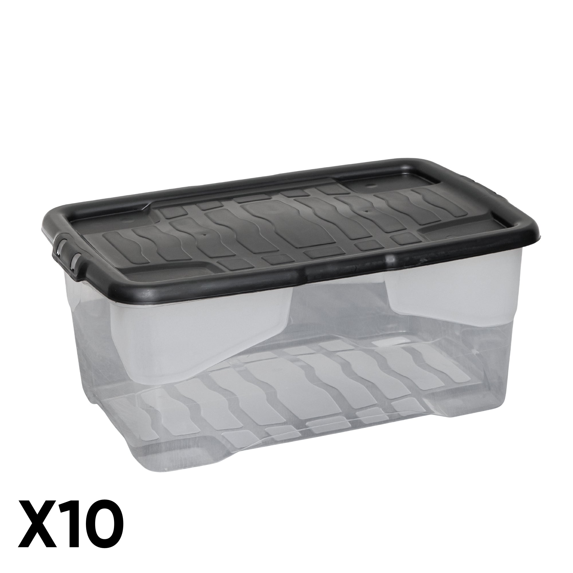 10 x 42L Clear Storage Box with Black Lid, Stackable and Nestable Design Storage Solution