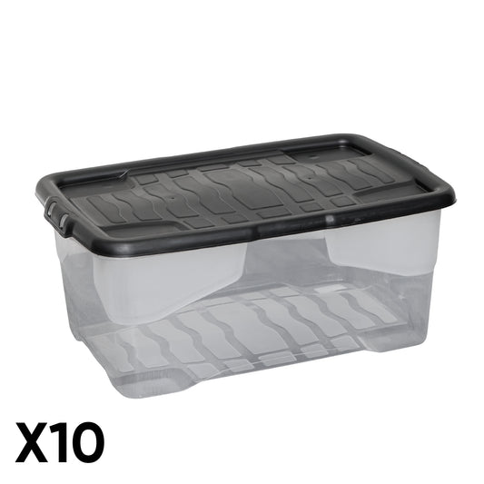 10 x 42L Clear Storage Box with Black Lid, Stackable and Nestable Design Storage Solution