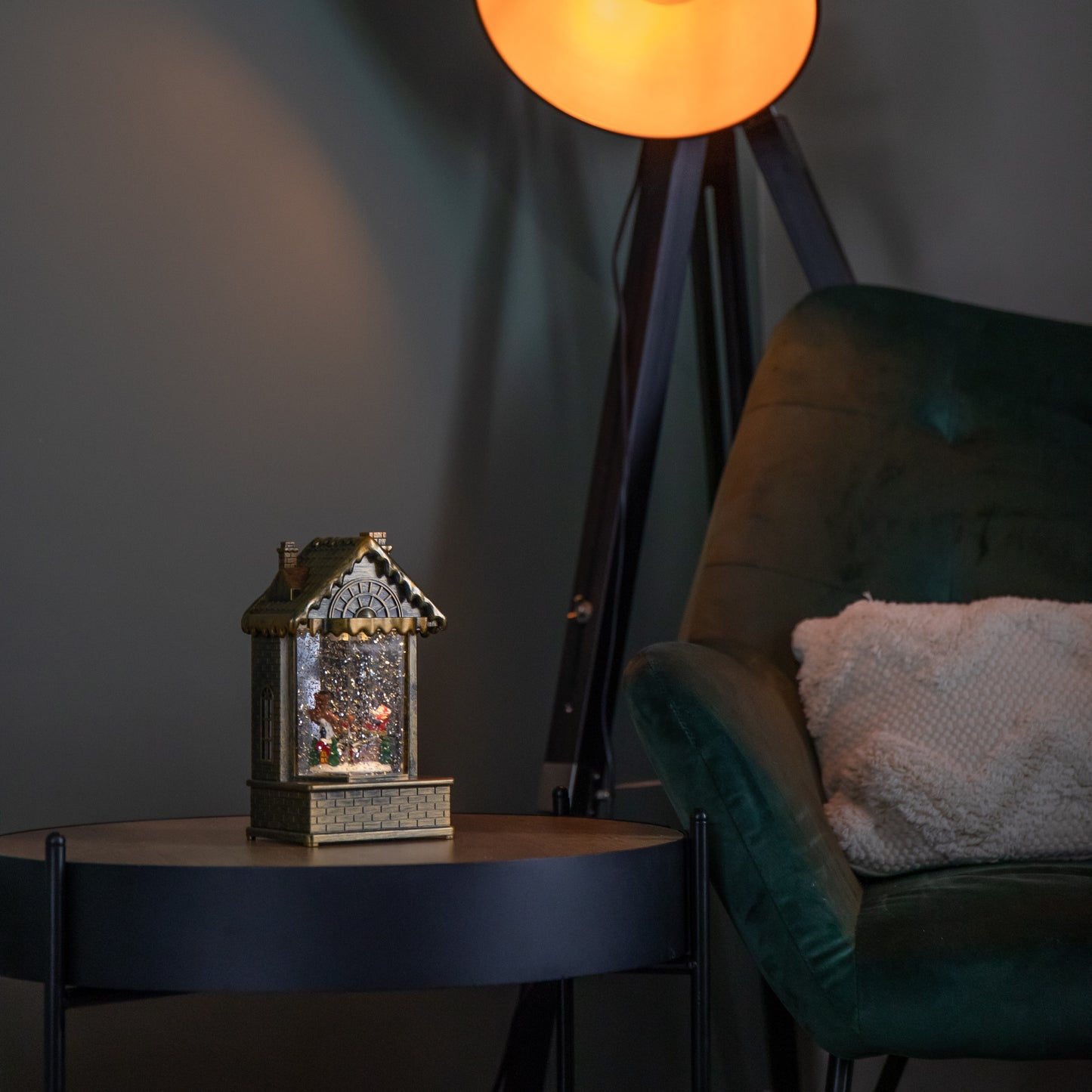 20cm Dual Powered Light up Christmas House Water Spinner with Santa in Sleigh Scene and LEDs