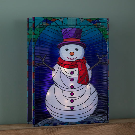 28cm Battery Operated Light up Double Sided Stained Glass Snowman Decoration with LEDs