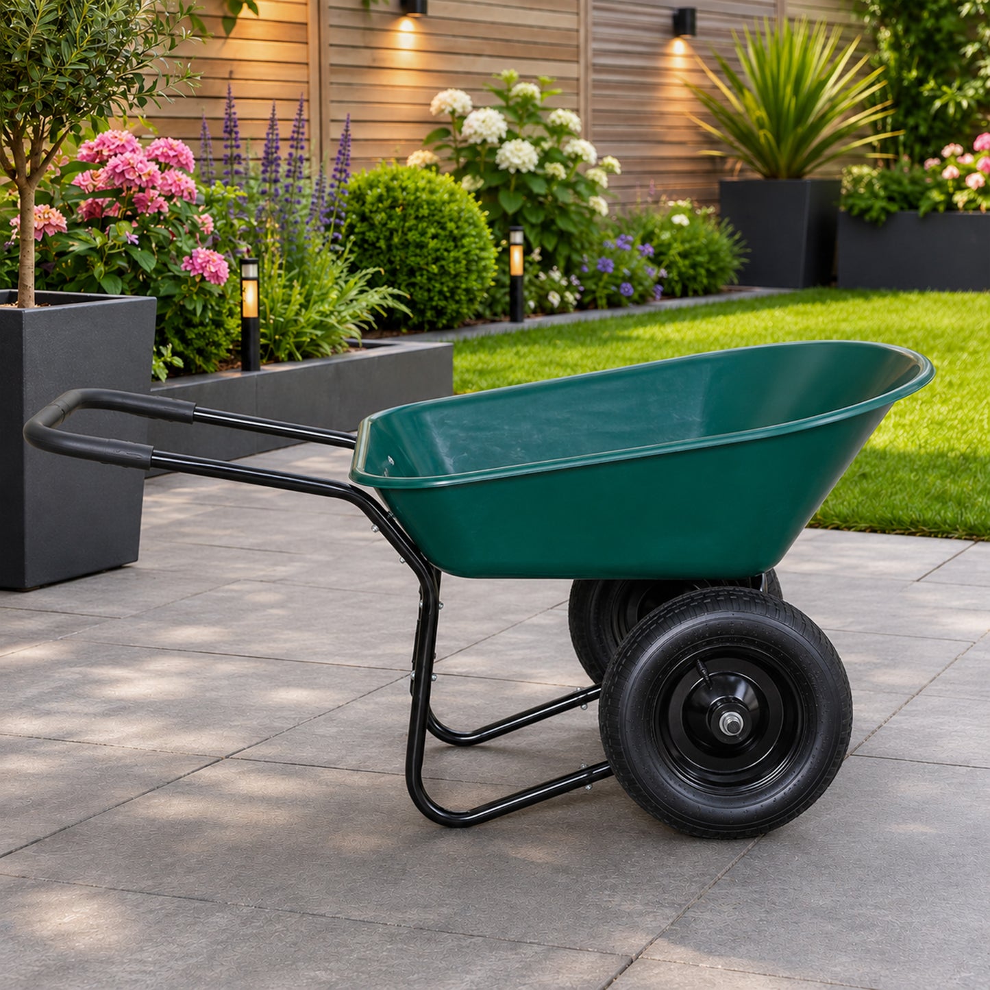 Heavy Duty 2 Wheel Outdoor Pneumatic Plastic Garden Wheelbarrow in Green