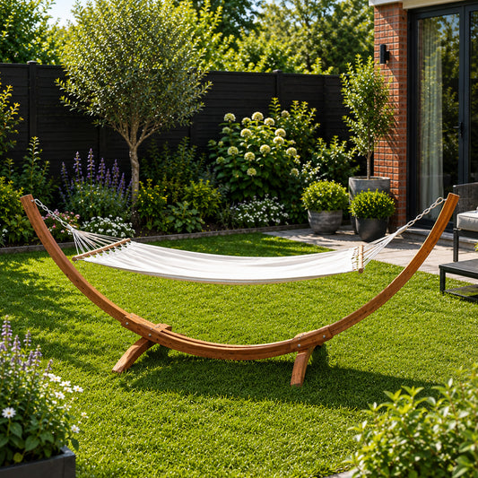 3.10m x 1.2m Palermo Freestanding Garden Hammock with Larch Wood Arc Stand in Cream