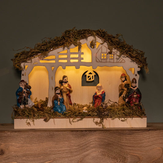 26cm Battery Operated Light up Wooden Christmas Nativity Scene with Warm White LEDs