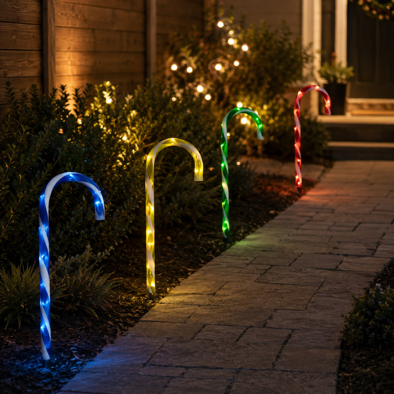 Set of 4 Battery Operated Light up Multi-Coloured Candy Cane Christmas Path Lights