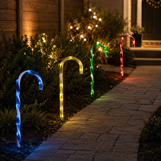 Set of 4 Battery Operated Light up Multi-Coloured Candy Cane Christmas Path Lights