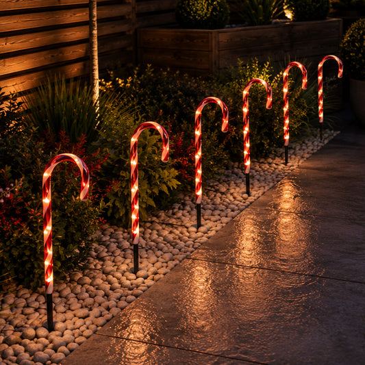 Set of 6 Light up Red & White Stripe Christmas Candy Cane Garden Stakes with LEDs