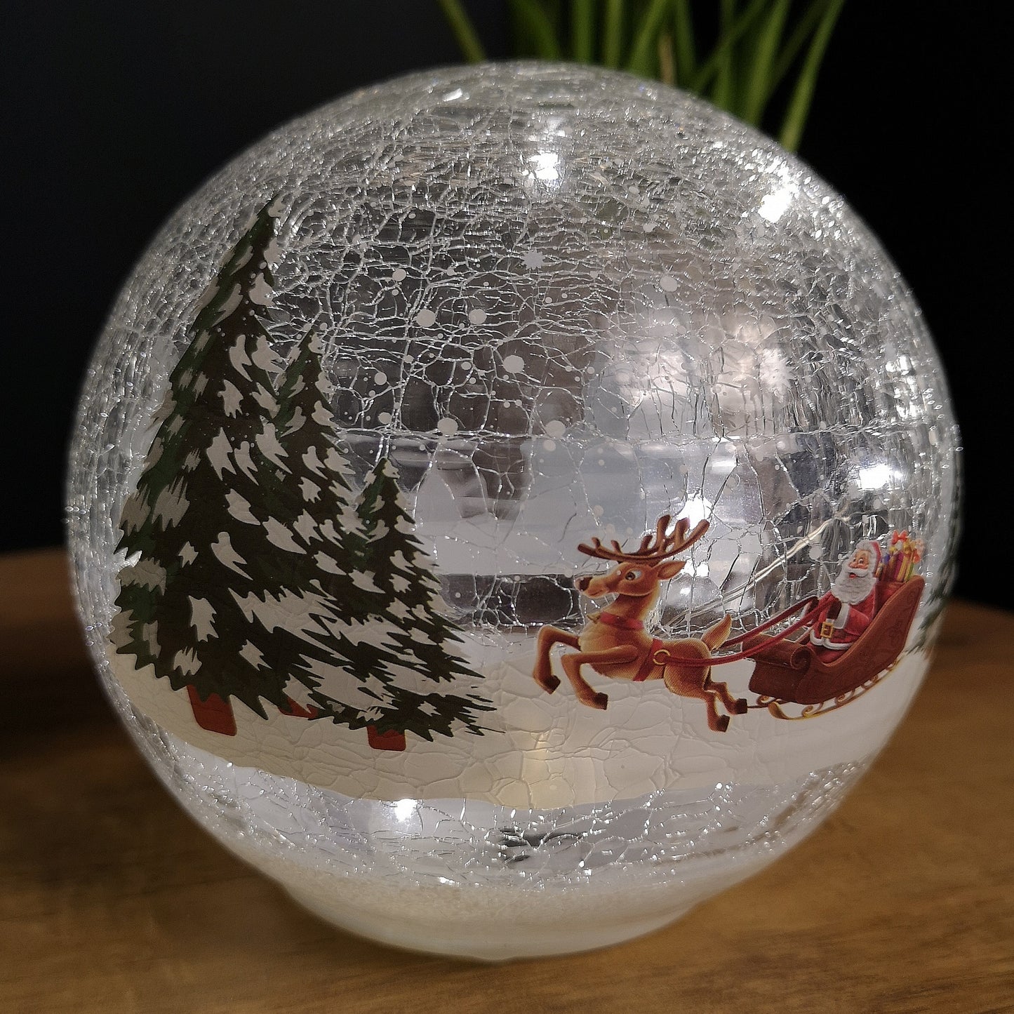 15cm Battery Operated Warm White LED Crackle Effect Ball Christmas Decoration with Reindeer and Sleigh