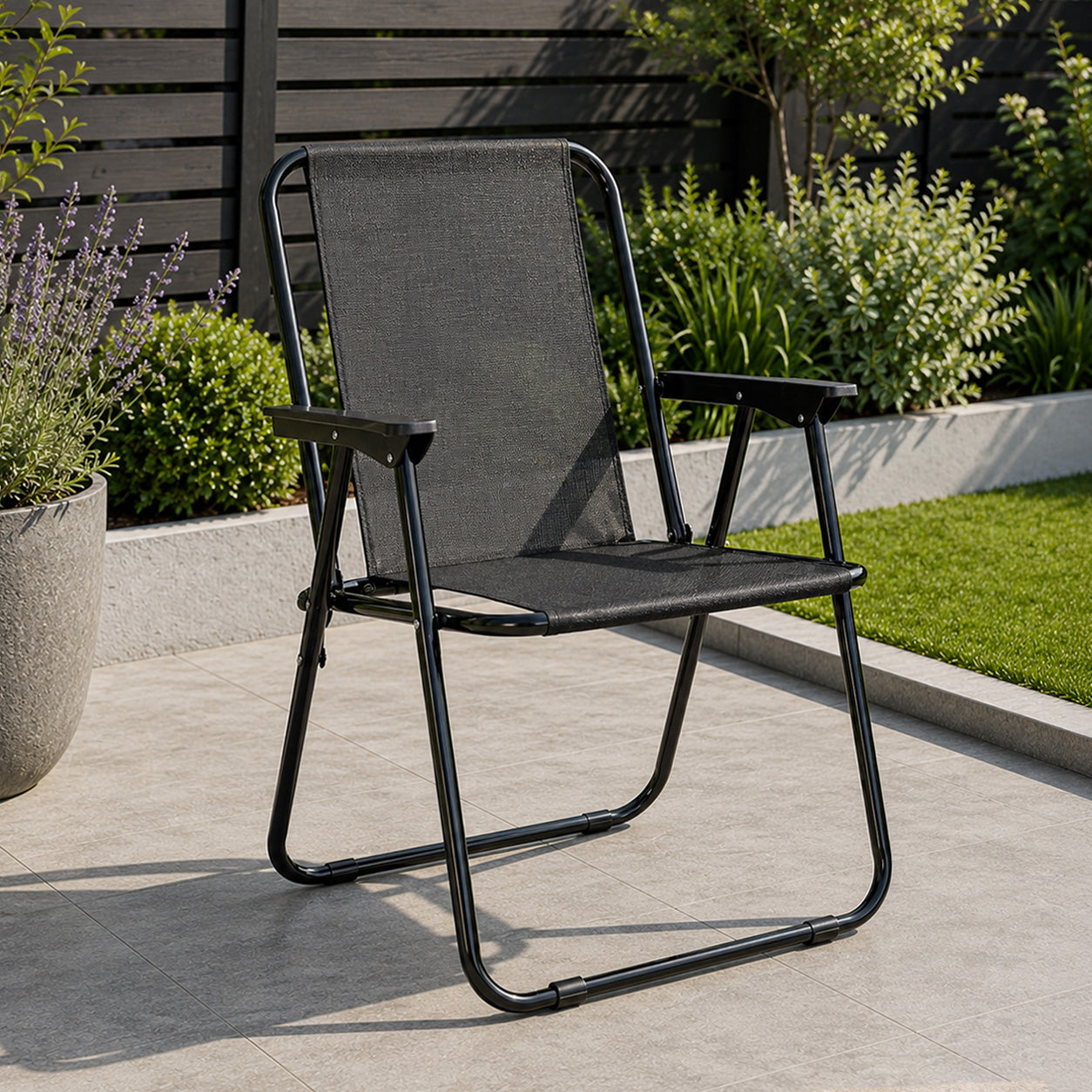 Black Lightweight Foldable Canvas Chair with  Plastic Armrests