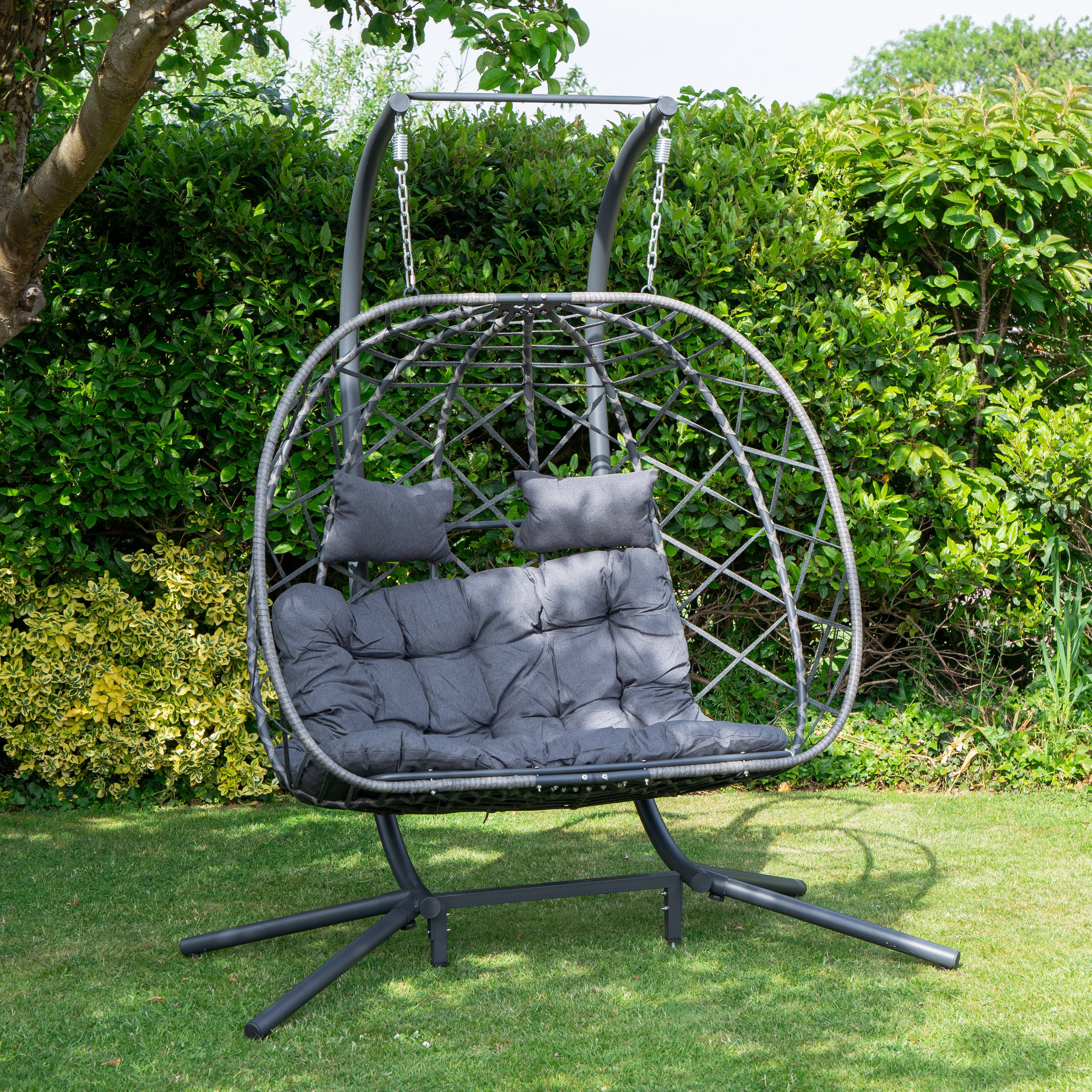 Samuel Alexander 2 Seater Hanging Garden Rattan Egg Chair with Steel Frame and Waterproof Cover in Grey