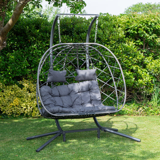 Samuel Alexander 2 Seater Hanging Garden Rattan Egg Chair with Steel Frame and Waterproof Cover in Grey