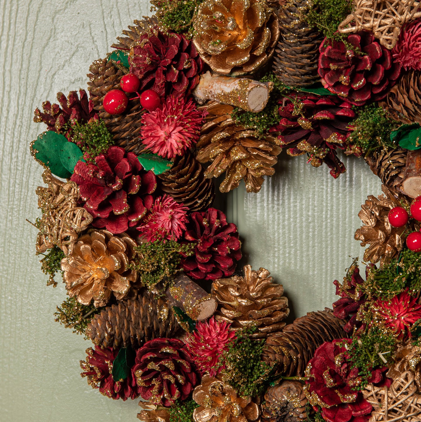 36cm Red Hanging Christmas Wreath with Red Berries and Pinecones 