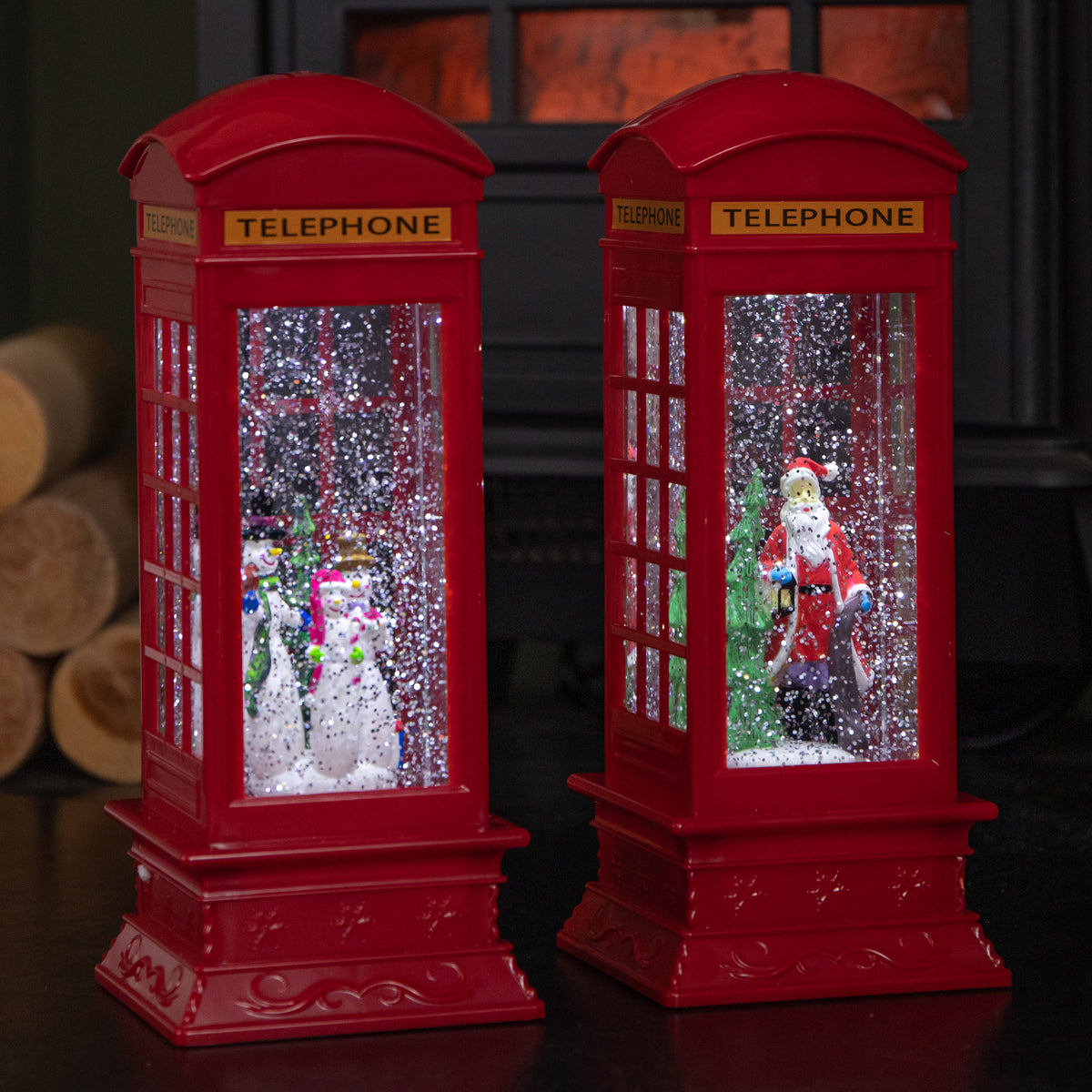 26.5cm Premier Christmas Water Spinner Telephone Box Design - Choose From Snowman Family Or Santa