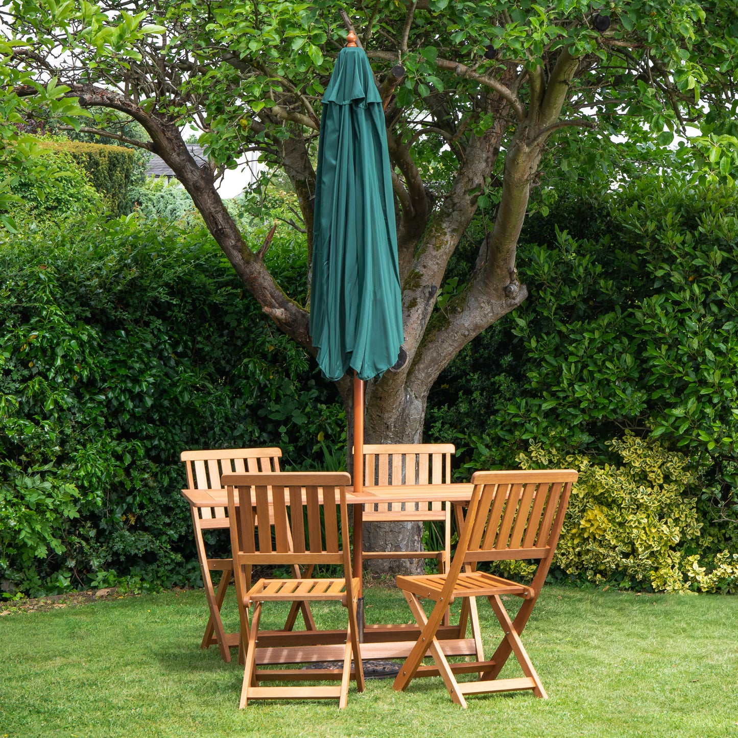 Outdoor 4 Person Folding Rectangular Wooden Garden Dining Table Chairs Green Parasol and Base Set