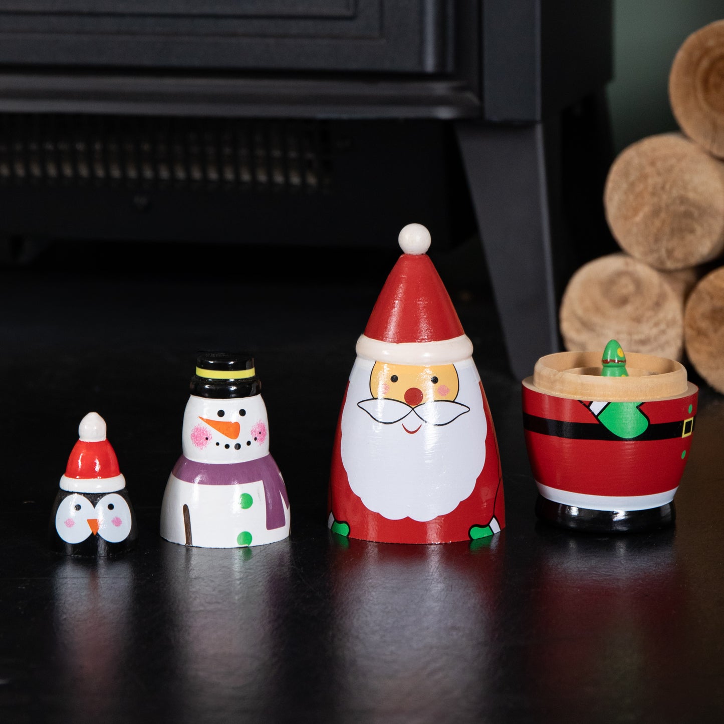 16cm Hand Painted Wooden Christmas Santa Festive Figurine Set