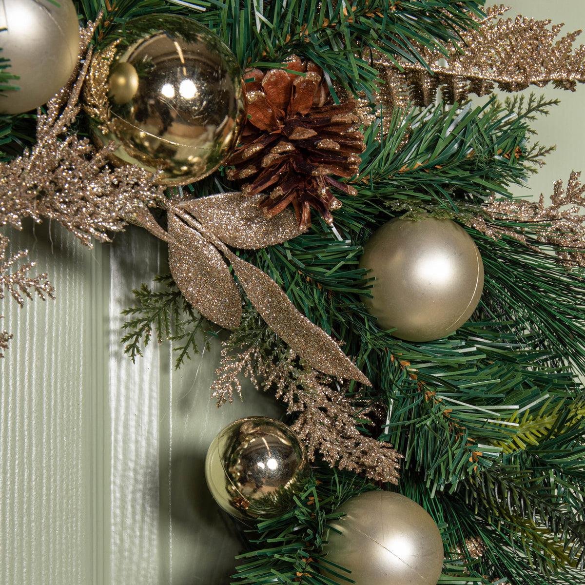 60cm Hanging Christmas Wreath with Gold Baubles, Pinecones & Glitter Berries