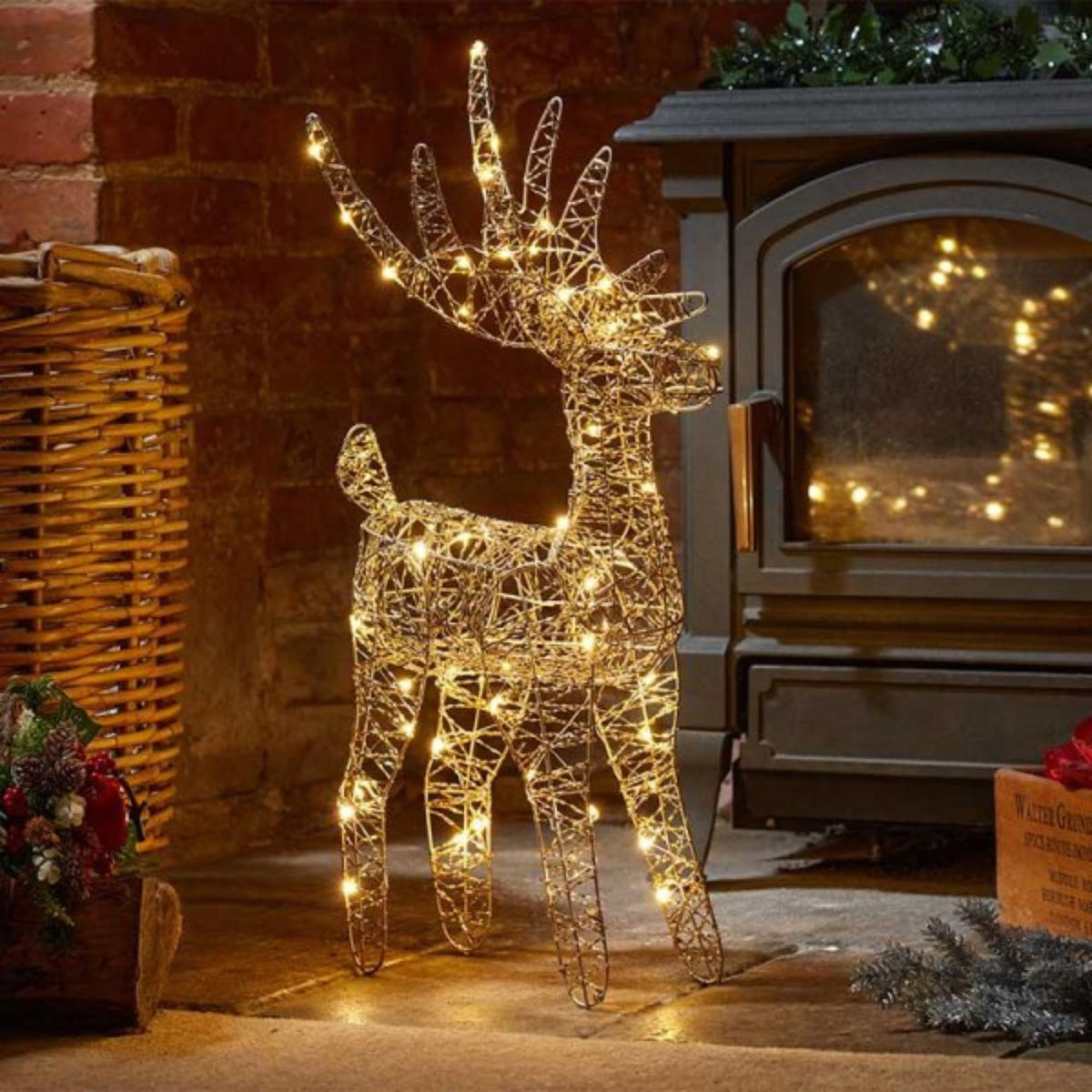 43cm Battery Operated Light up Gold Weave Christmas Reindeer with Warm White LEDs