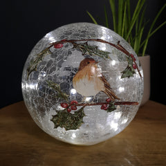 20cm Festive Christmas Crackle Effect Glass Robin LED Light Ball