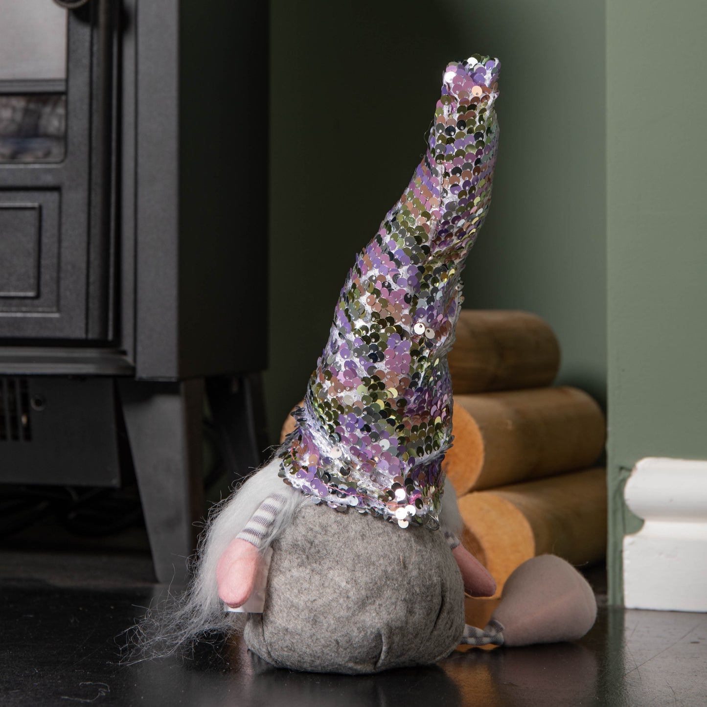 49cm Festive Christmas Sitting Gonk with Dangly Legs & Sequin Hat in Pink & Grey