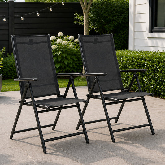 2 x Multi Position High Back Reclining Garden / Outdoor Folding Chair in Black