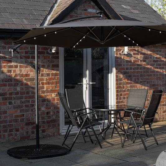 Outdoor 4 Person Round Glass Top Garden Dining Table Chairs With Black Banana Lit Parasol and Base Set