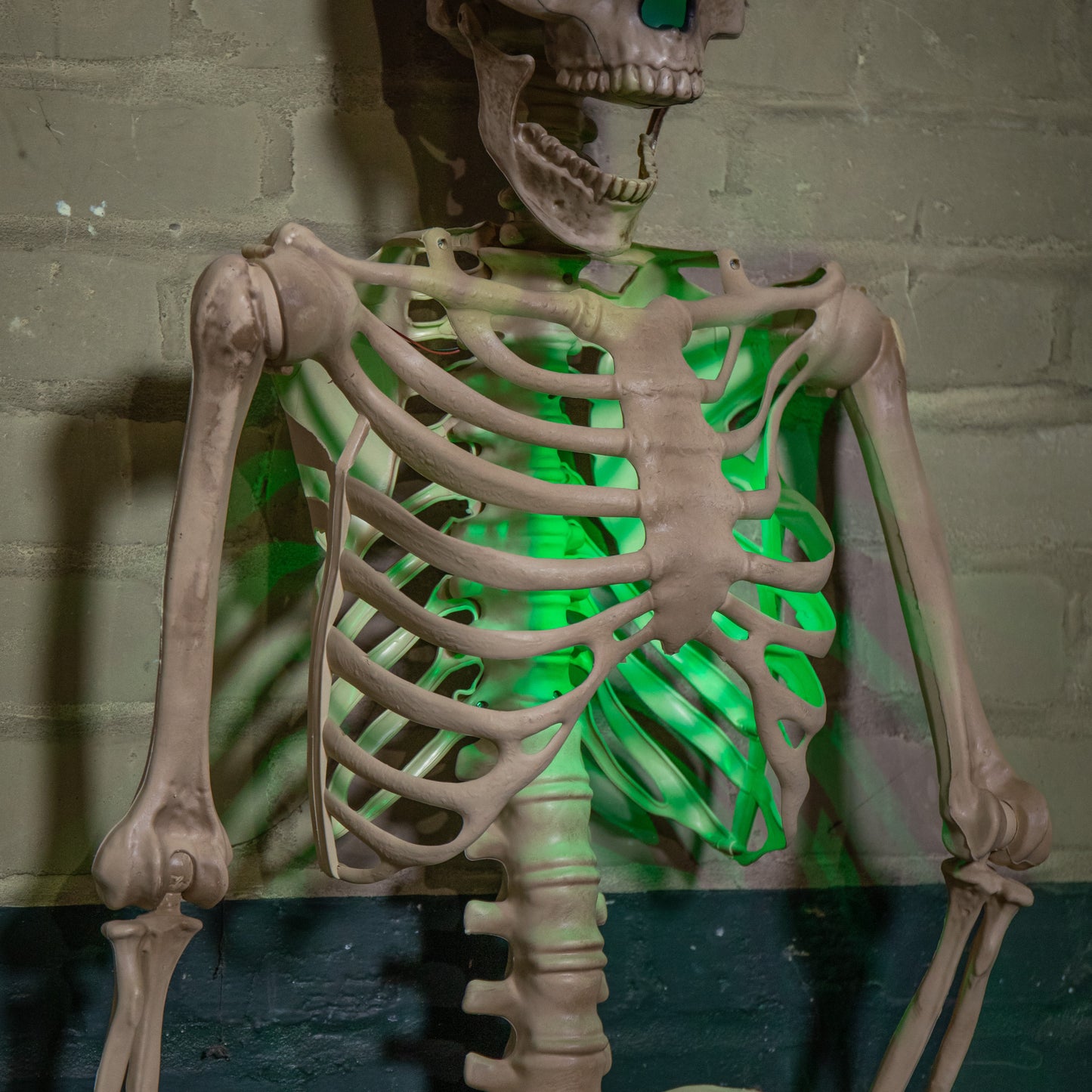 5ft (152cm) Battery Powered Light up Halloween Skeleton with Poseable Joints & Green LEDs