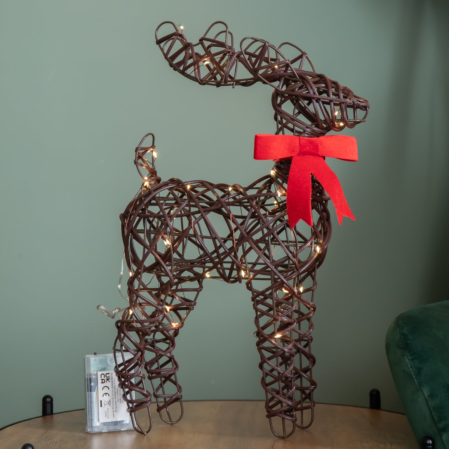 40cm Battery Operated Light up Christmas Reindeer with Red Bow & 30 Warm White LEDs