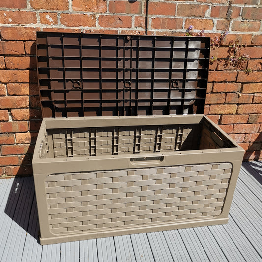 Factory Seconds: 335 Litre Rattan Style Garden Cushion Storage Box with Sit on Lid – Dark Brown