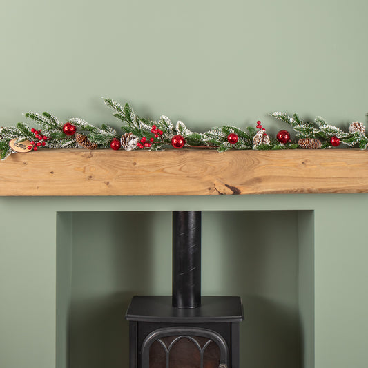 1.9m Christmas Frosted Pinecone Garland with Red Berries and Baubles