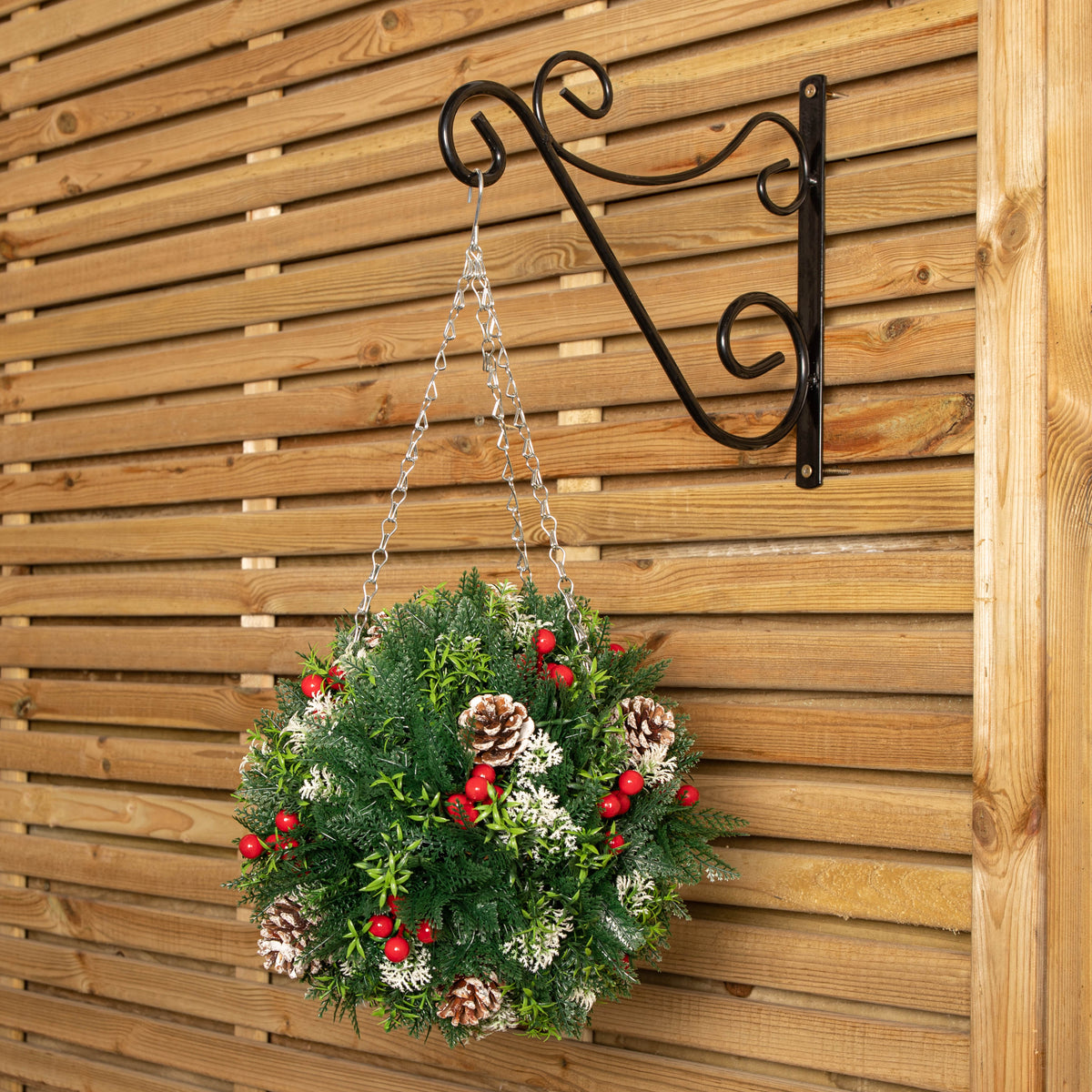 30cm Plastic Christmas Ball with Red Berries, Pinecones & Metal Hanging Hook
