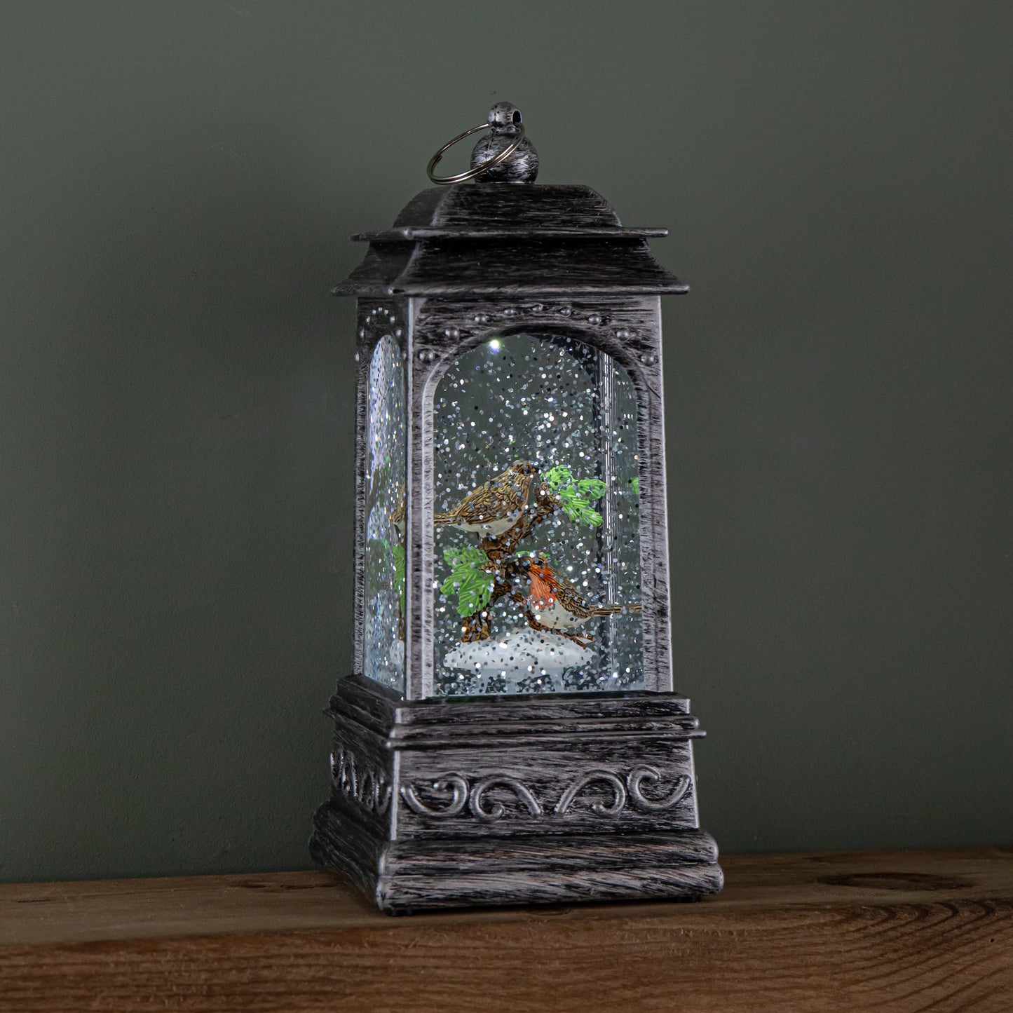 20cm Dual Powered Light up Christmas Robin Water Spinner with White LEDs