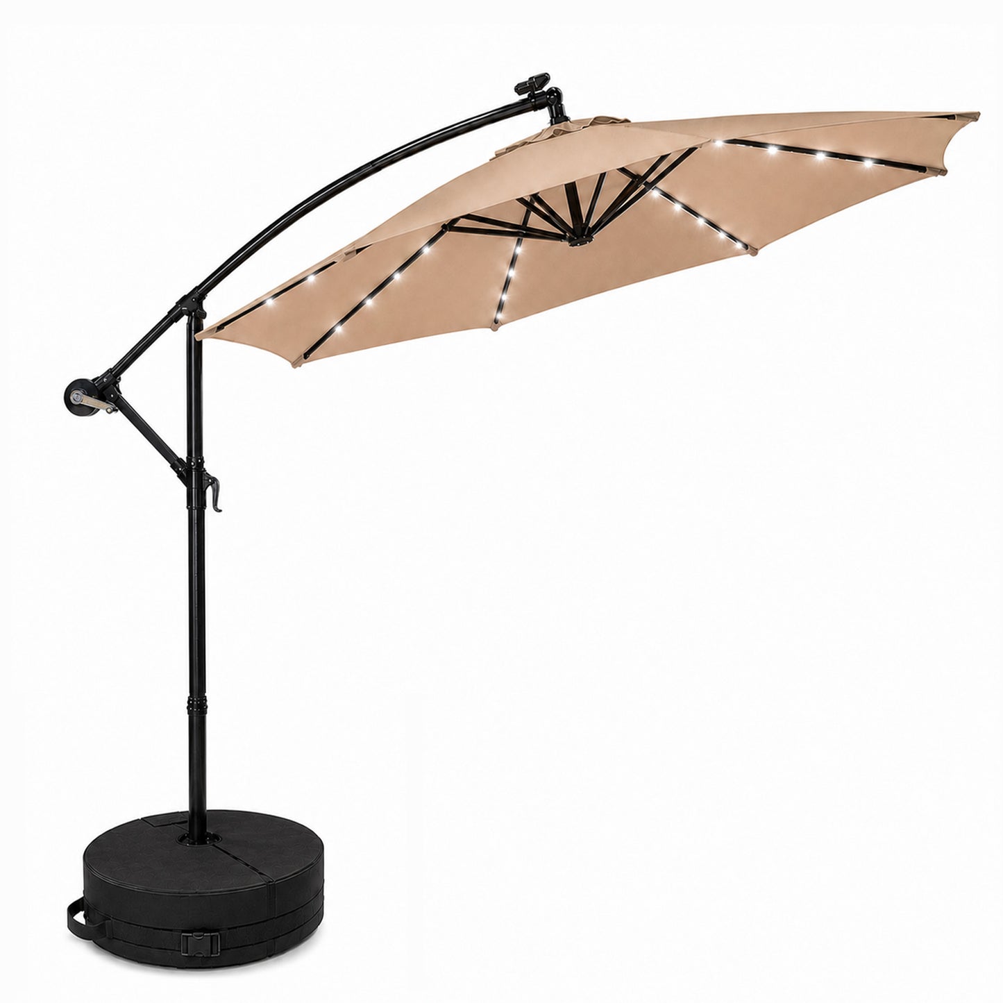 3m Solar Powered Cantilever Lit Banana Garden Parasol with Crank Handle & White LED Lights in Beige with Base Bag Included