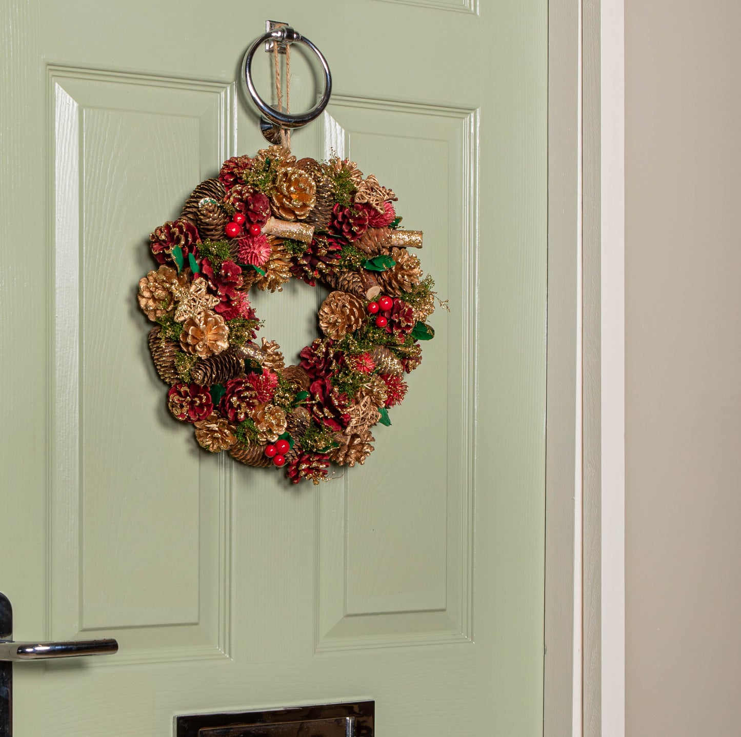 36cm Red Hanging Christmas Wreath with Red Berries and Pinecones 