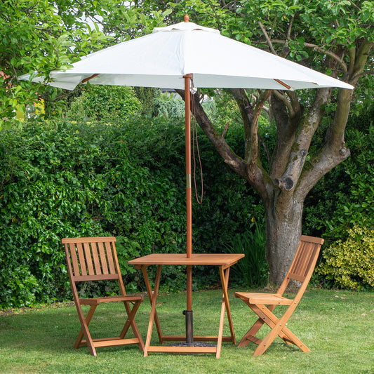 Outdoor 2 Person Folding Wooden Garden Dining Table Chairs Cream Parasol and Base Set