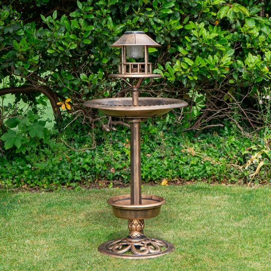1.1m Bronze Effect Resin Garden Bird Bath & Table with Solar Light