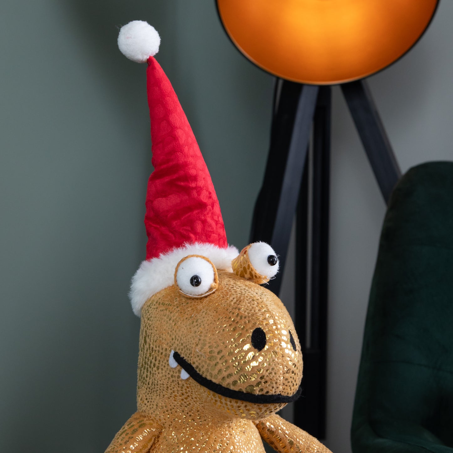 60cm Tall Gold Plush Zilla Dino Standing Christmas Decoration with Santa Hat