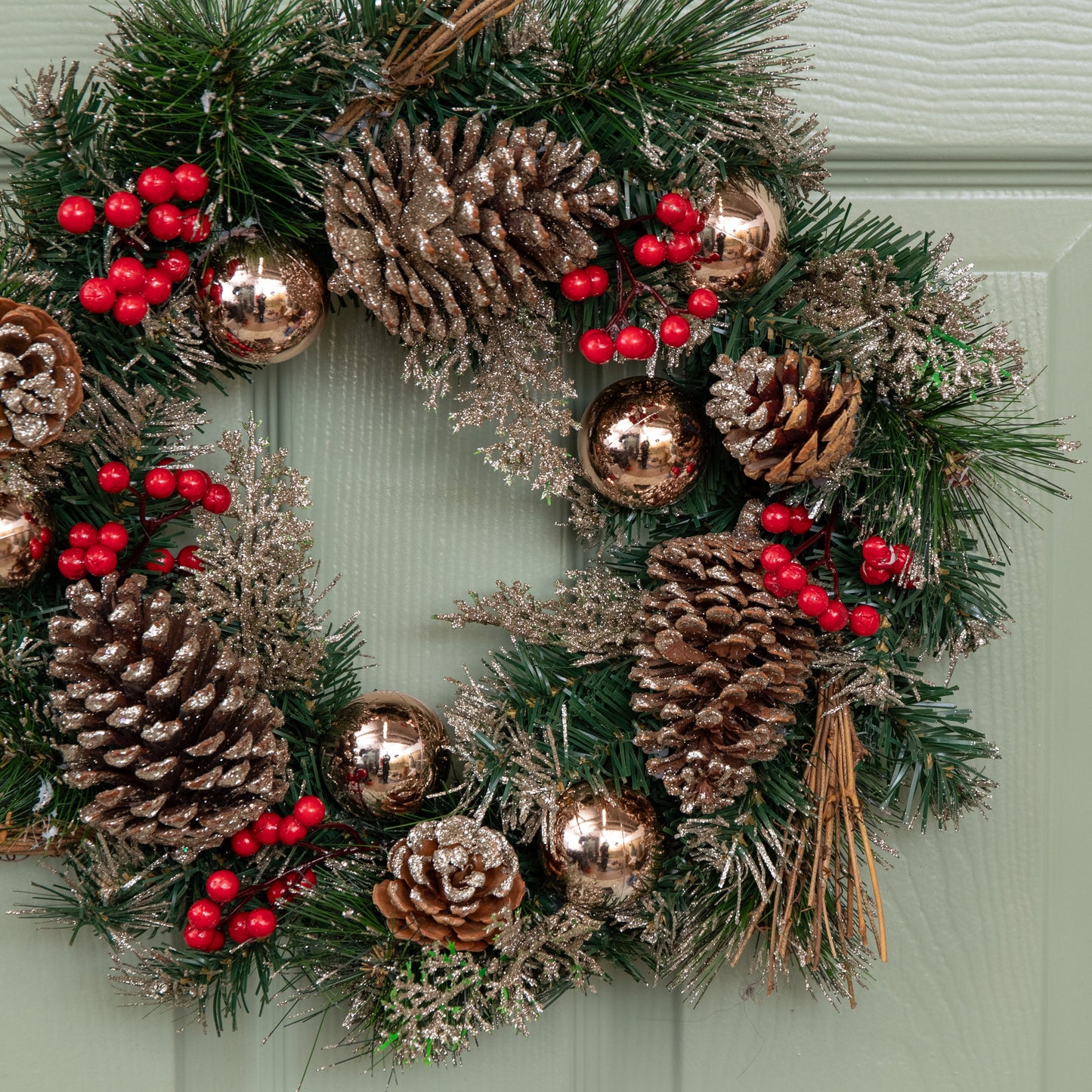 40cm Hanging Christmas Wreath with Gold Baubles, Berries & Pinecones