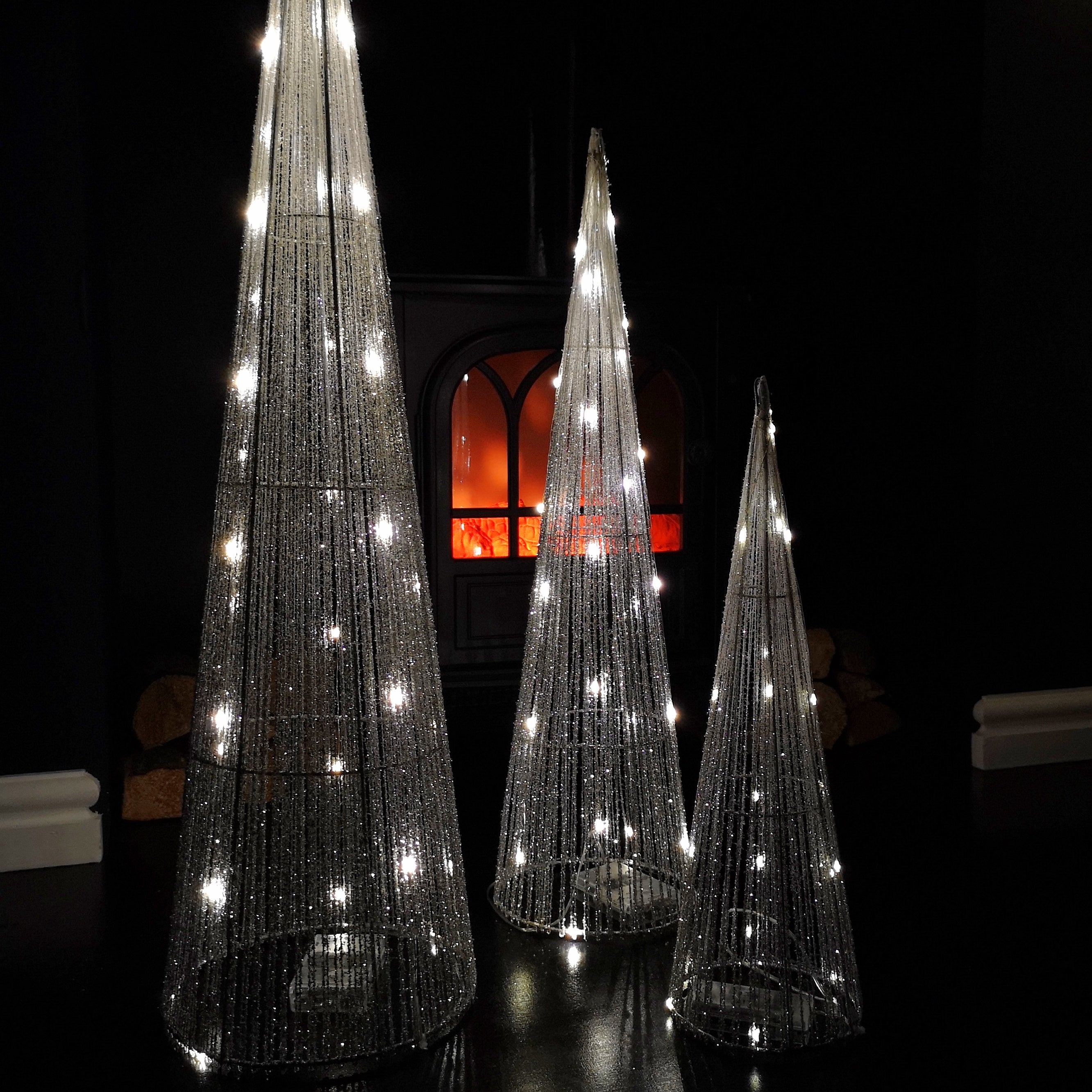 LED Tree Cone Obelisk Trio with 90 LEDs in Silver