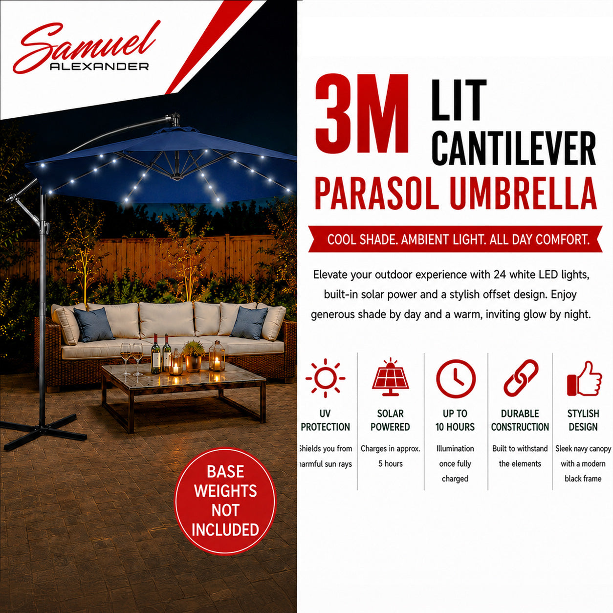 Samuel Alexander 3m Solar Powered Cantilever Lit Banana Garden Parasol with Crank Handle & White LED Lights in Blue