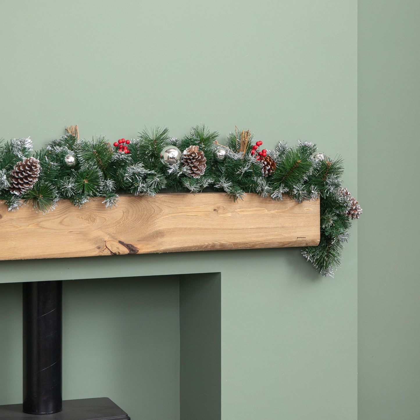 1.8m (6ft) Dressed Christmas Garland with Silver Baubles Pinecones & Berries