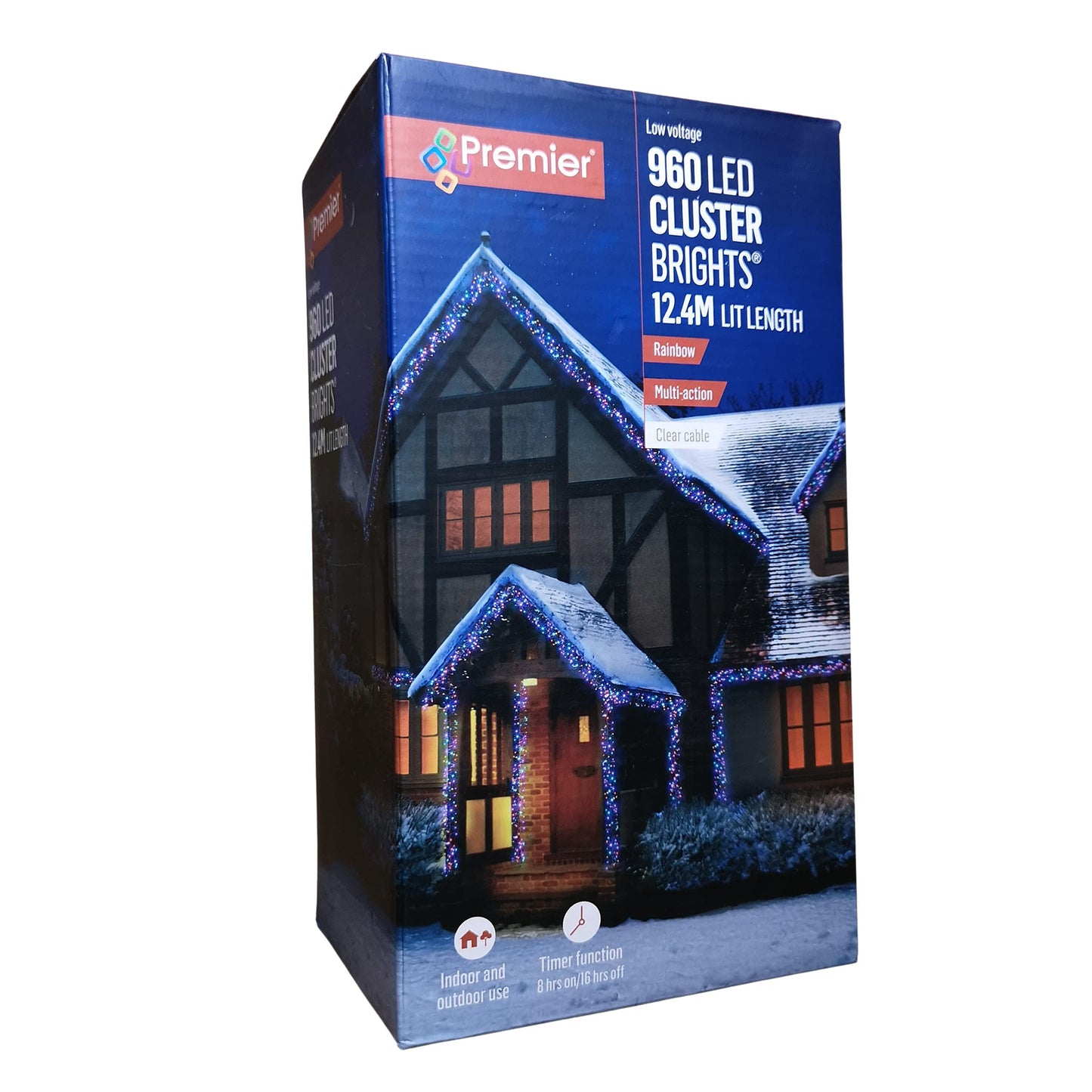 Factory Seconds: 960 LED 12.4m Premier Cluster Indoor Outdoor Multi Function Mains Operated Christmas Lights with Timer on Clear Cable in Rainbow