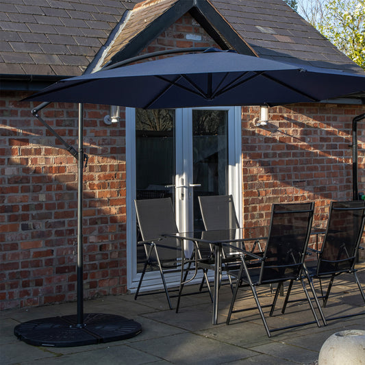 Outdoor 4 Person Rectangular Glass Top Garden Dining Table Chairs With Blue Banana Parasol and Base Set