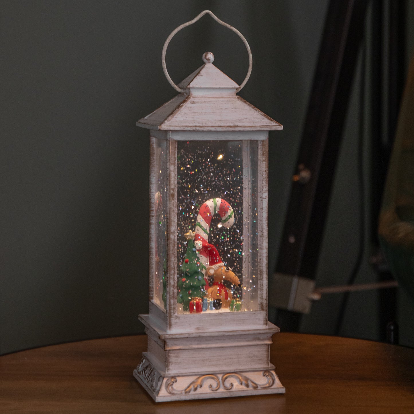 29cm Battery Powered Light up Antique Lantern Christmas Water Spinner with Snowy Mouse Scene