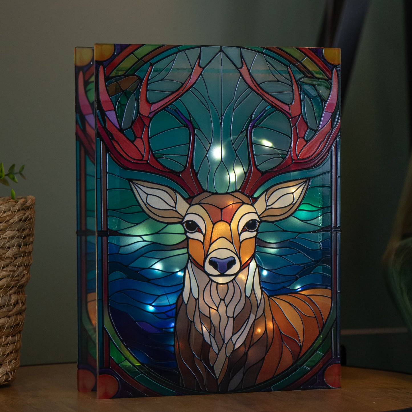 28cm Battery Powered Glass Christmas Decoration with Stag & Warm White LEDs