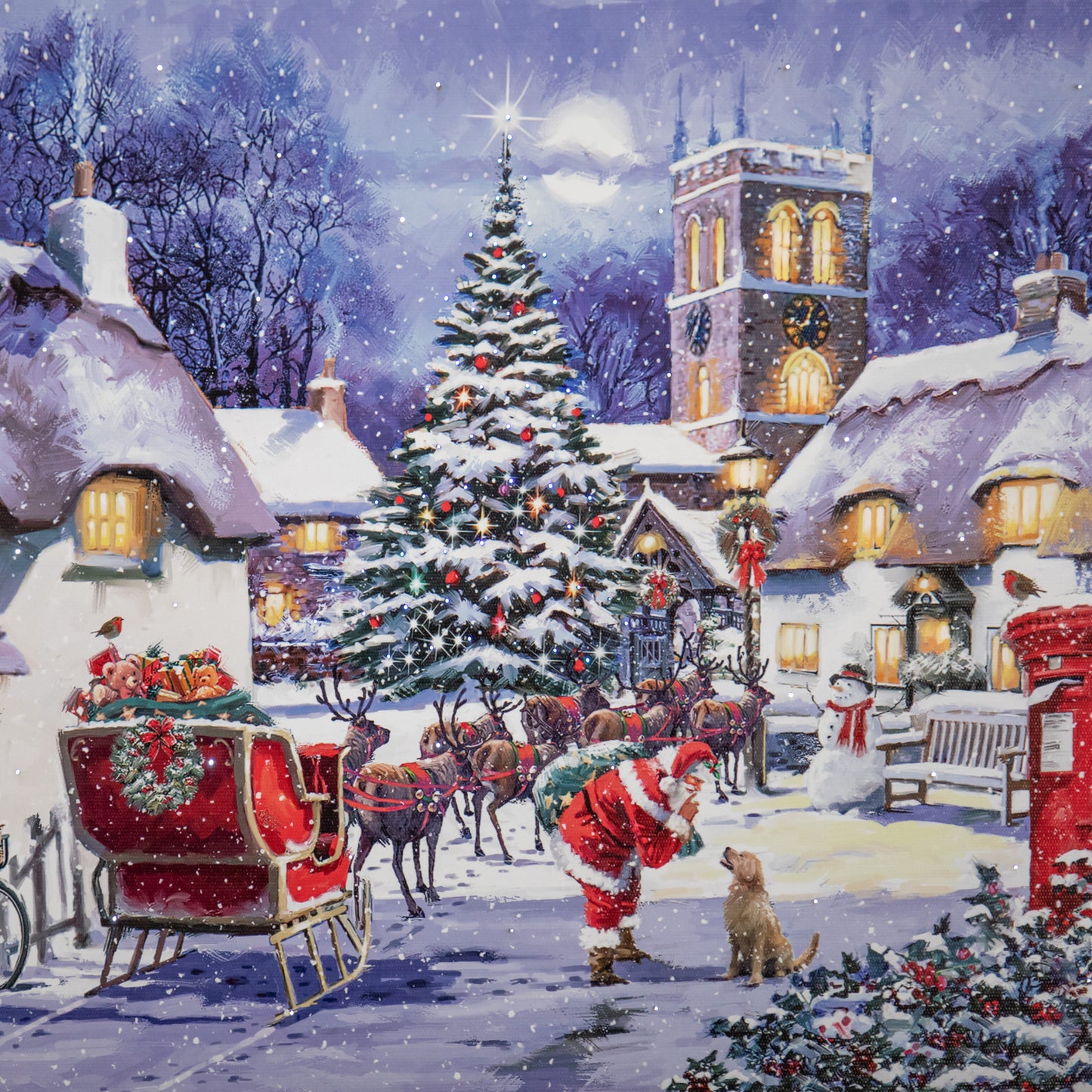 40 x 30cm Battery Operated Light up Fibre Optic Santa and Village Christmas Wall Canvas