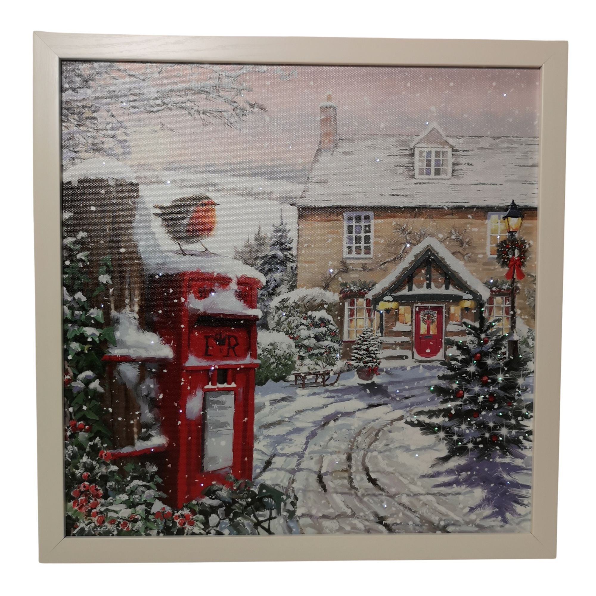 Battery Operated 40 x 40cm Light up Snowy Christmas Robin Scene Picture Canvas