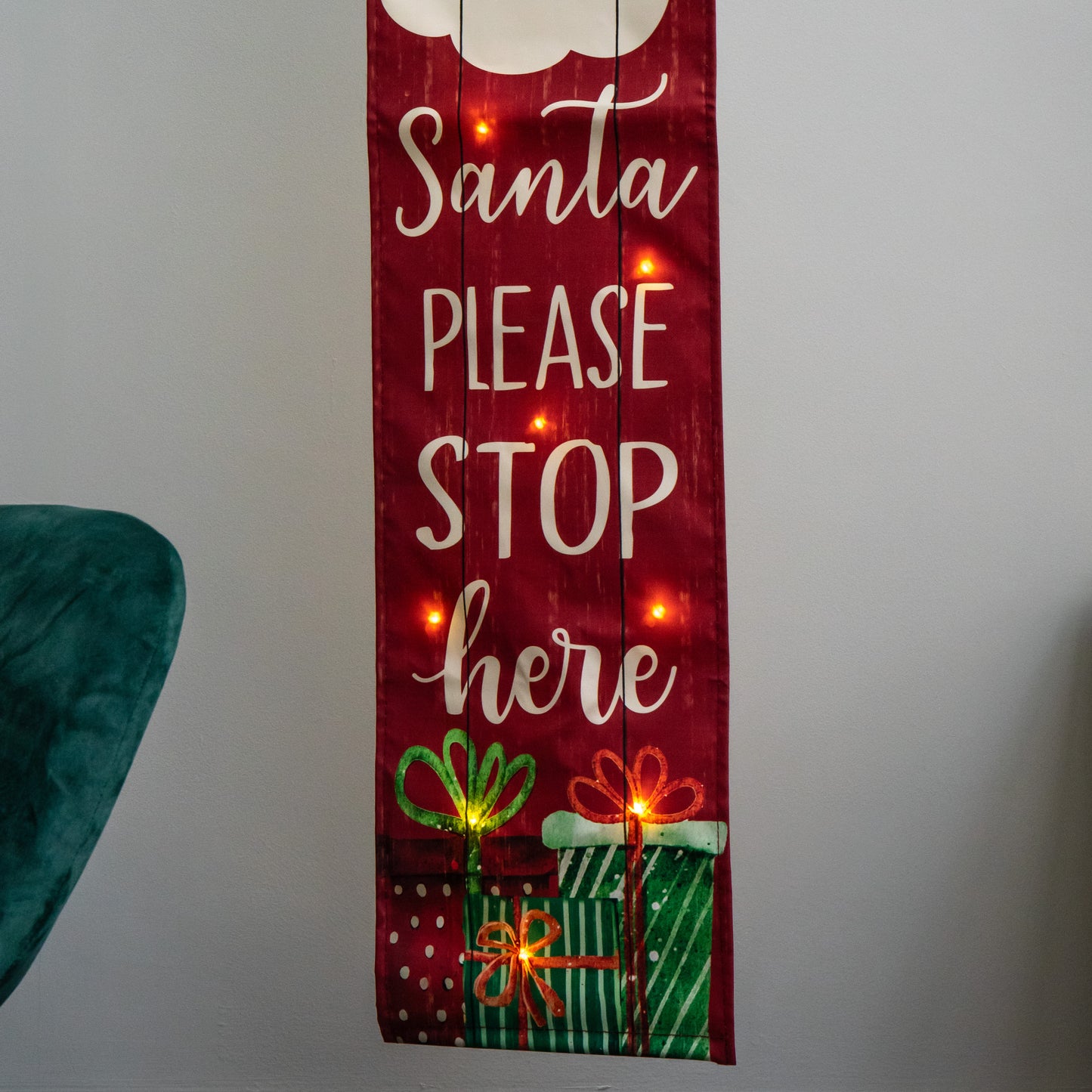 1.2m Battery Operated Light up Hanging Christmas Santa Stop Here Fabric Banner with LEDs