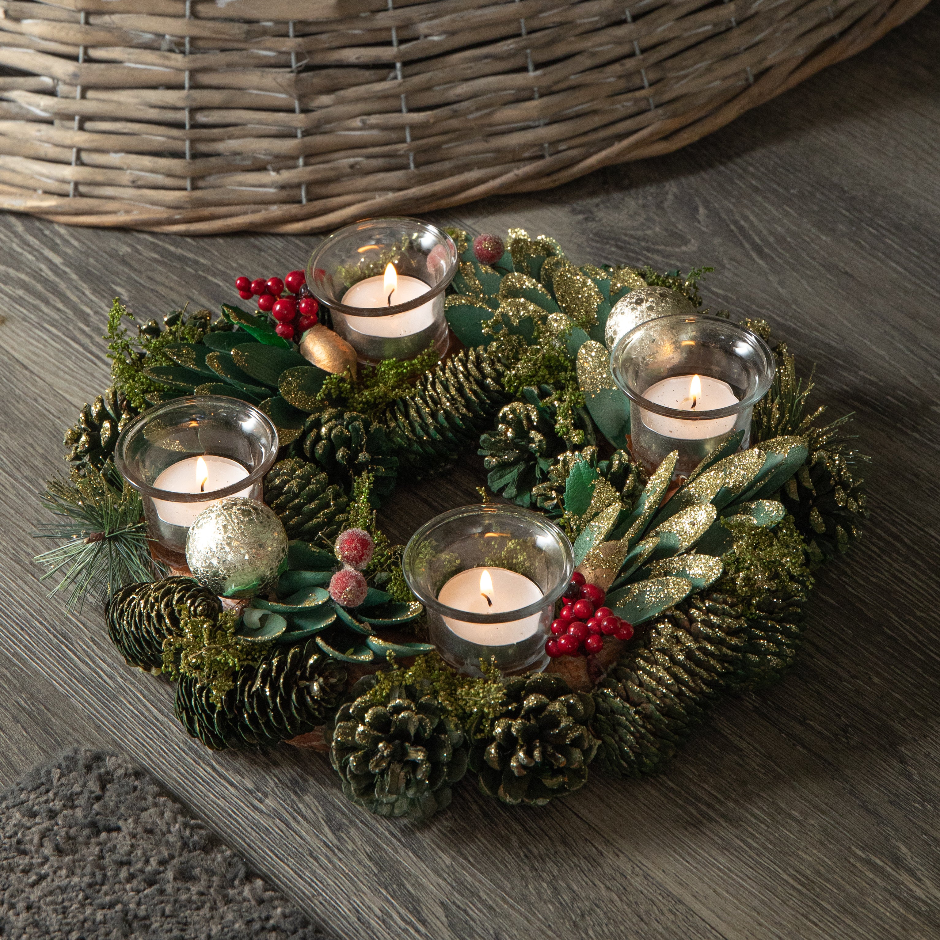 33cm Christmas Bauble Quartet Candle Holder with Pinecones and Red Berries