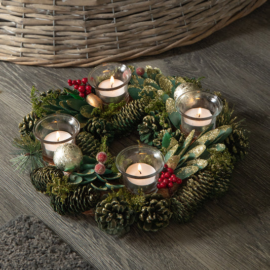 33cm Christmas Bauble Quartet Candle Holder with Pinecones and Red Berries